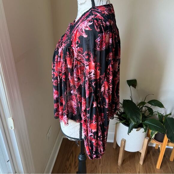NEW Free People Anything Western Shirt Black Red Print Keyhole Back Sz S - Picture 5 of 9